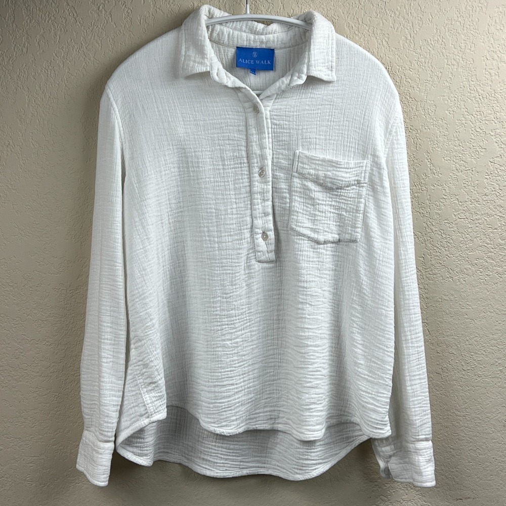 Alice Walk Top‎ Women's Medium White Airy Cotton Gauze 1/2 Button Popover Beach*
